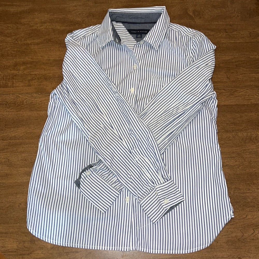 Small Tommy Hilfiger 100% Cotton Blue Stripe Button Down with Roll Tab Sleeve